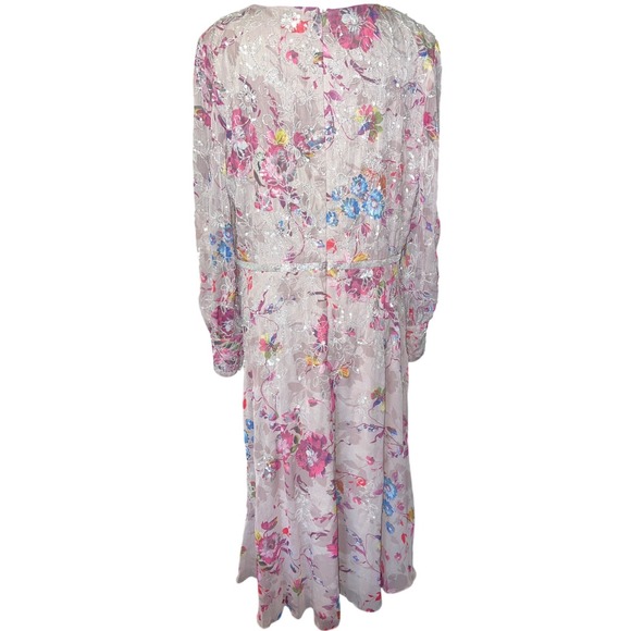 Mac Duggal Floral Beaded Sequin Chiffon Midi Dress Mauve Multi Womens Size 14 - Picture 11 of 12